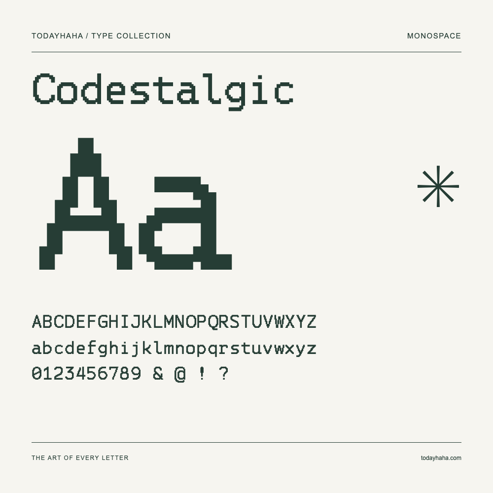 Codestalgic — Schriftmuster mit Großbuchstaben, Kleinbuchstaben und Ziffern