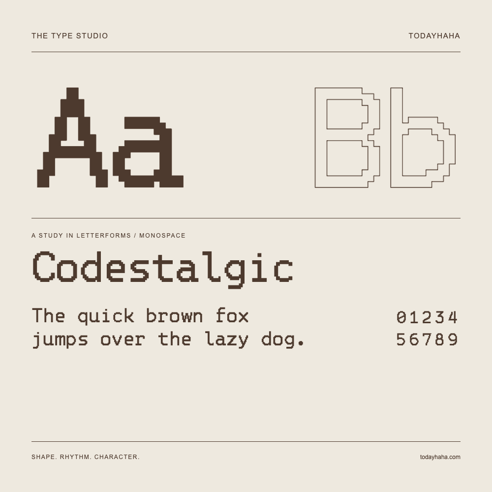 Codestalgic — Buchstabenstudie mit Beispielsatz und Ziffern