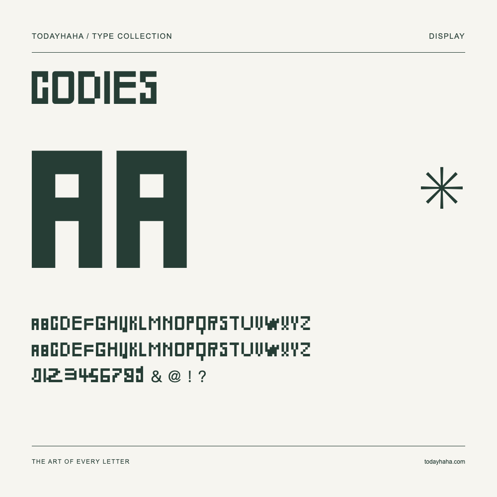 CODIES — Schriftmuster mit Großbuchstaben, Kleinbuchstaben und Ziffern
