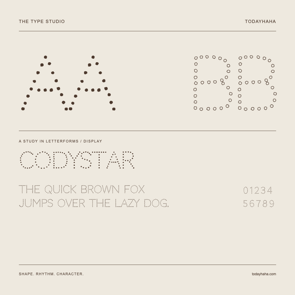 Codystar — Letterform study with sample sentence and numbers
