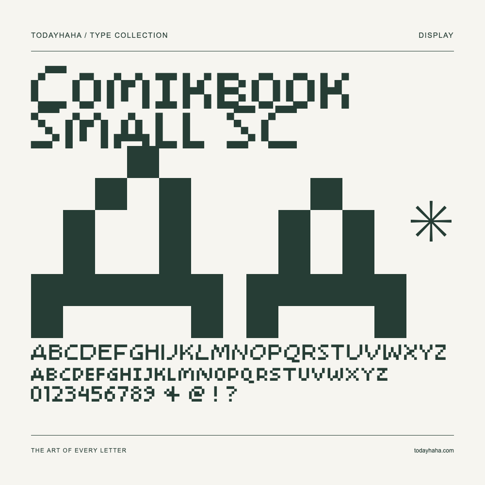 Comikbook Small SC — Font specimen with uppercase and lowercase letters and numbers