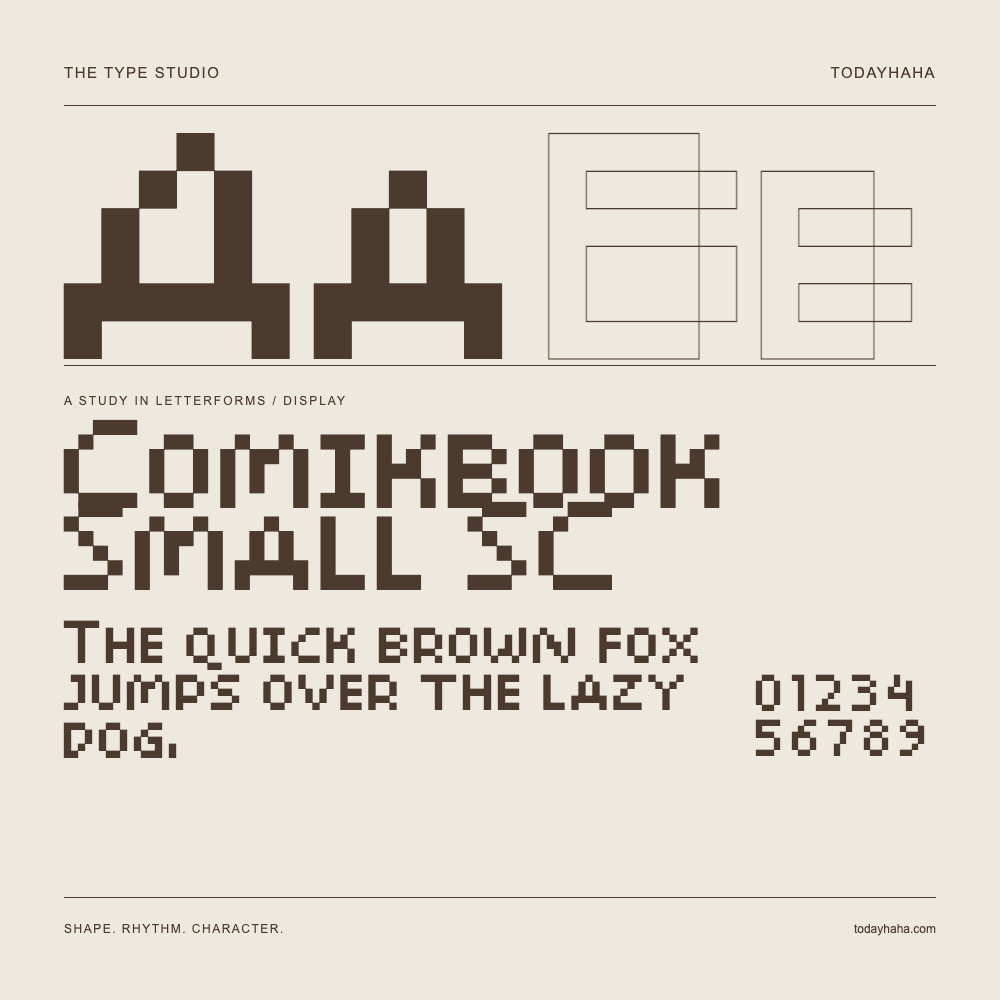 Comikbook Small SC — Letterform study with sample sentence and numbers