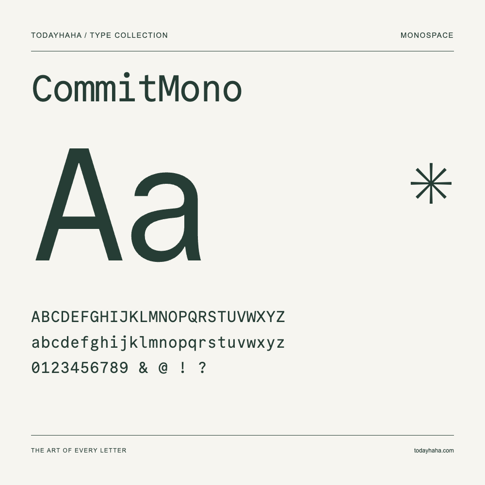 CommitMono — Schriftmuster mit Großbuchstaben, Kleinbuchstaben und Ziffern