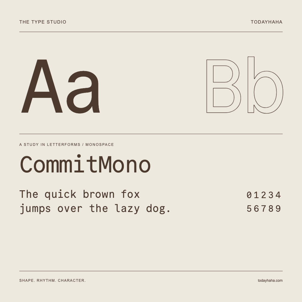 CommitMono — Buchstabenstudie mit Beispielsatz und Ziffern