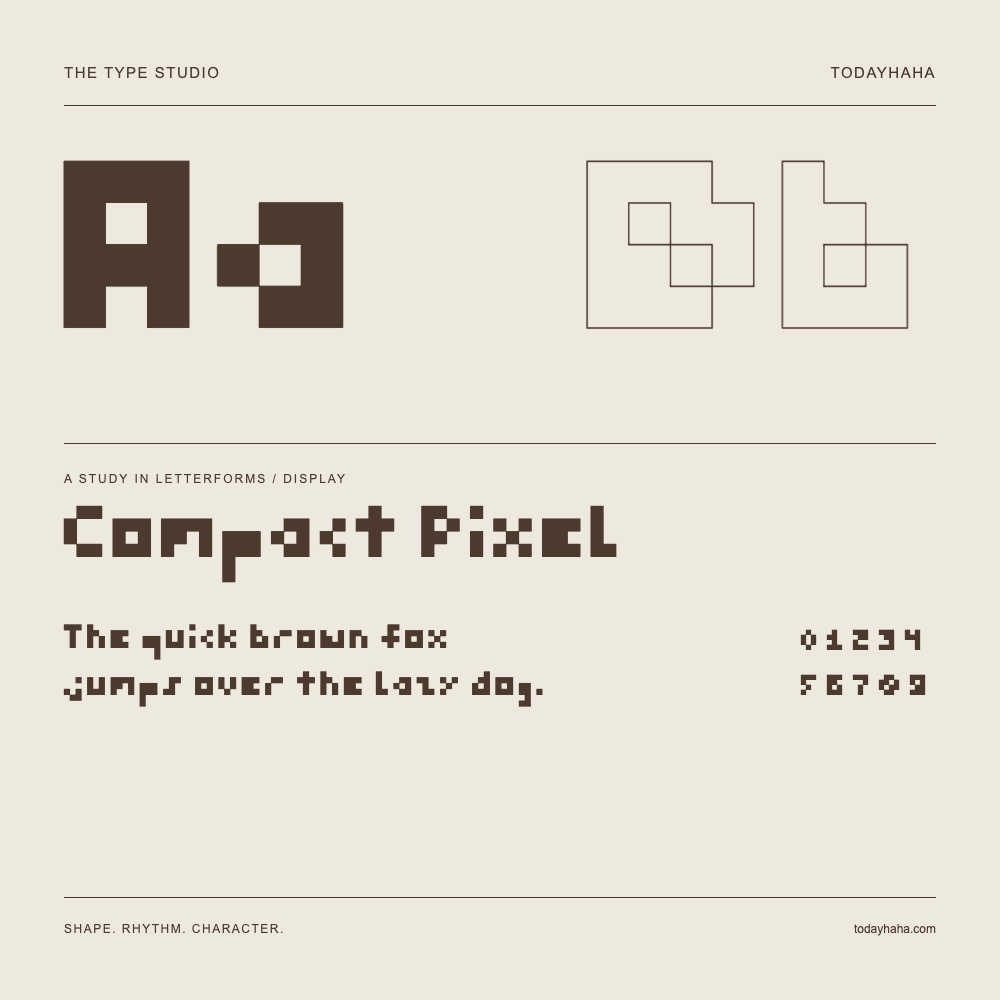 Compact Pixel — Letterform study with sample sentence and numbers