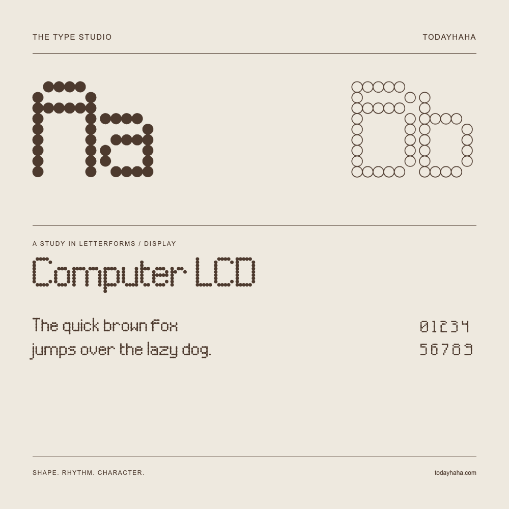 Computer LCD — Buchstabenstudie mit Beispielsatz und Ziffern
