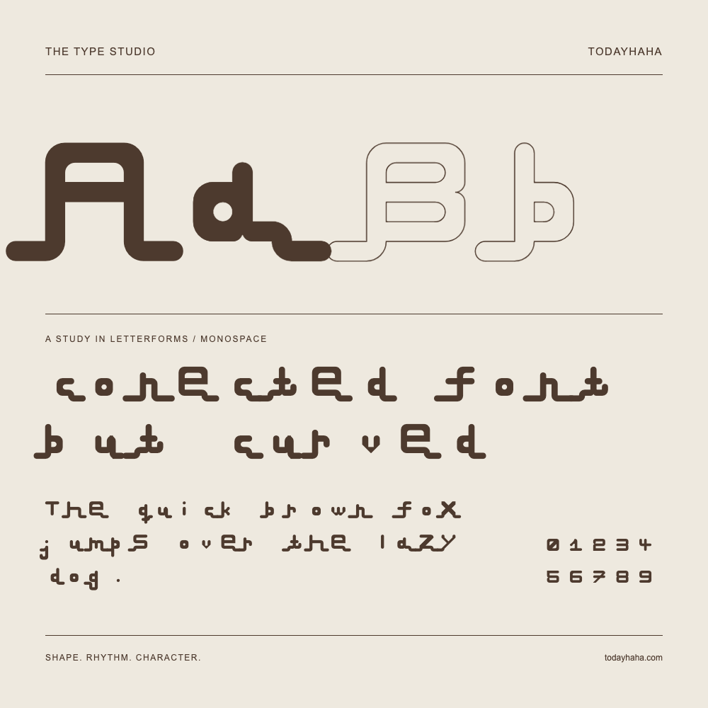 conected font but curved — Buchstabenstudie mit Beispielsatz und Ziffern