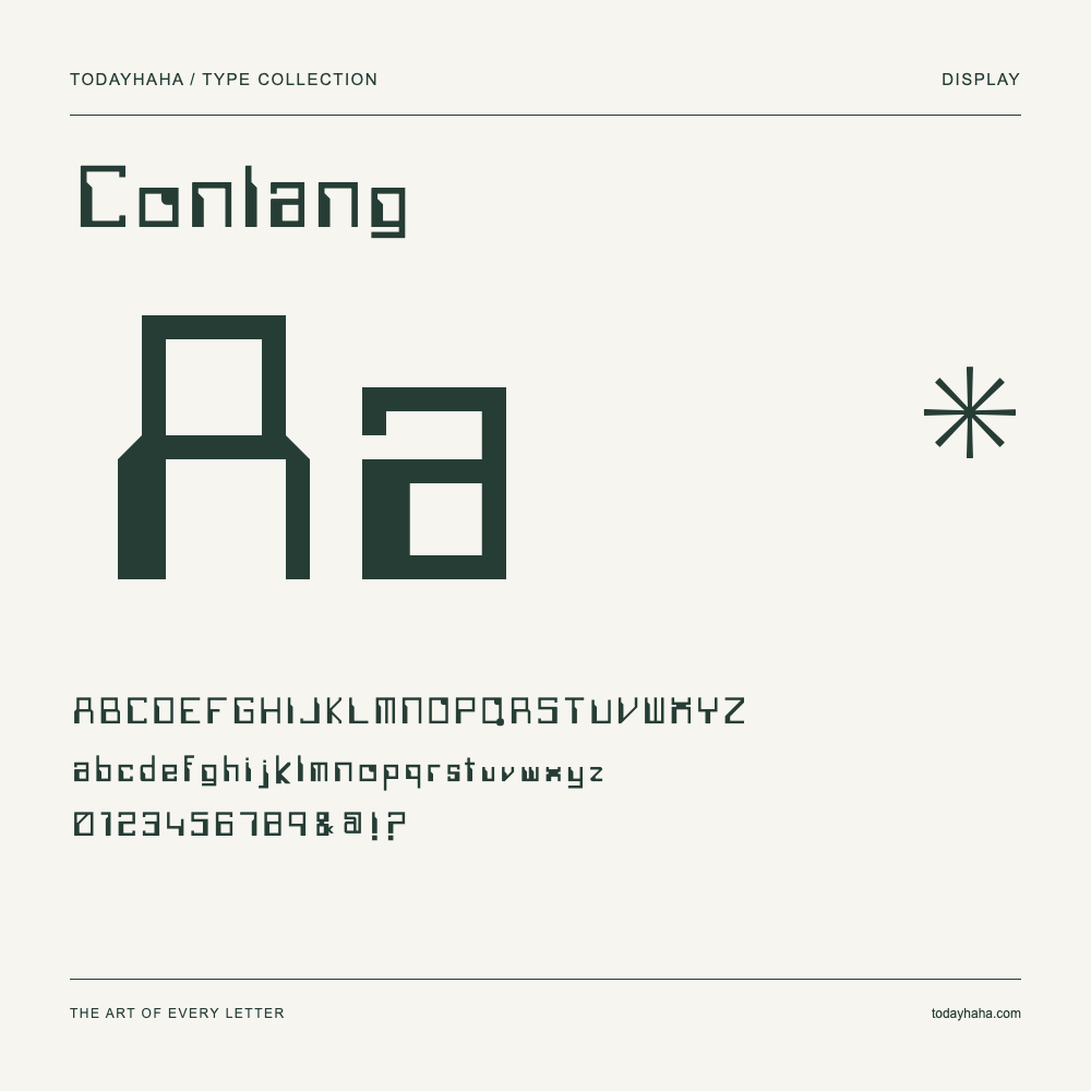 Conlang — Schriftmuster mit Großbuchstaben, Kleinbuchstaben und Ziffern