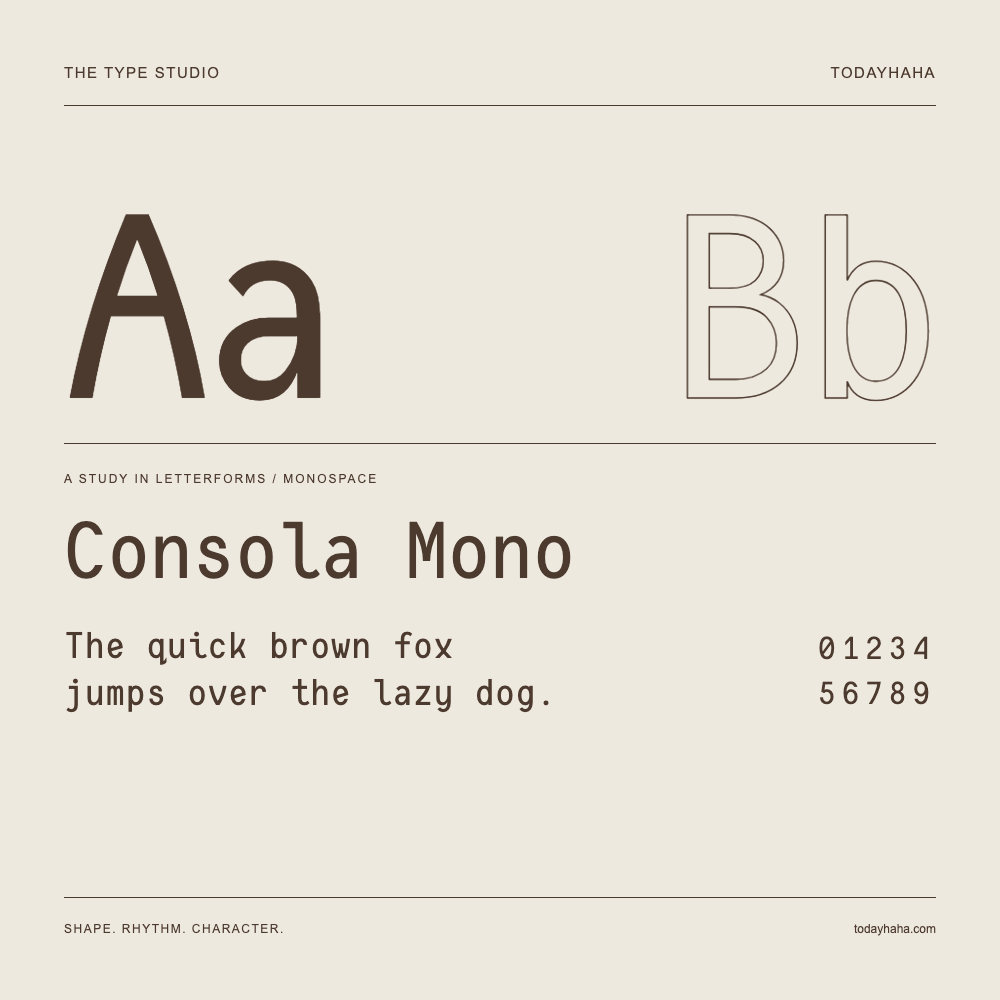 Consola Mono — Estudio de letras con una frase y números
