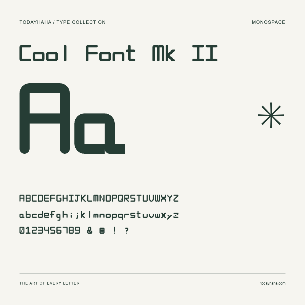 Cool Font Mk II — Muestra de mayúsculas, minúsculas y números