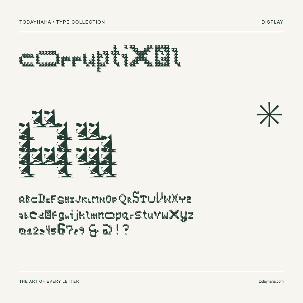 Corruptixel — Schriftmuster mit Großbuchstaben, Kleinbuchstaben und Ziffern