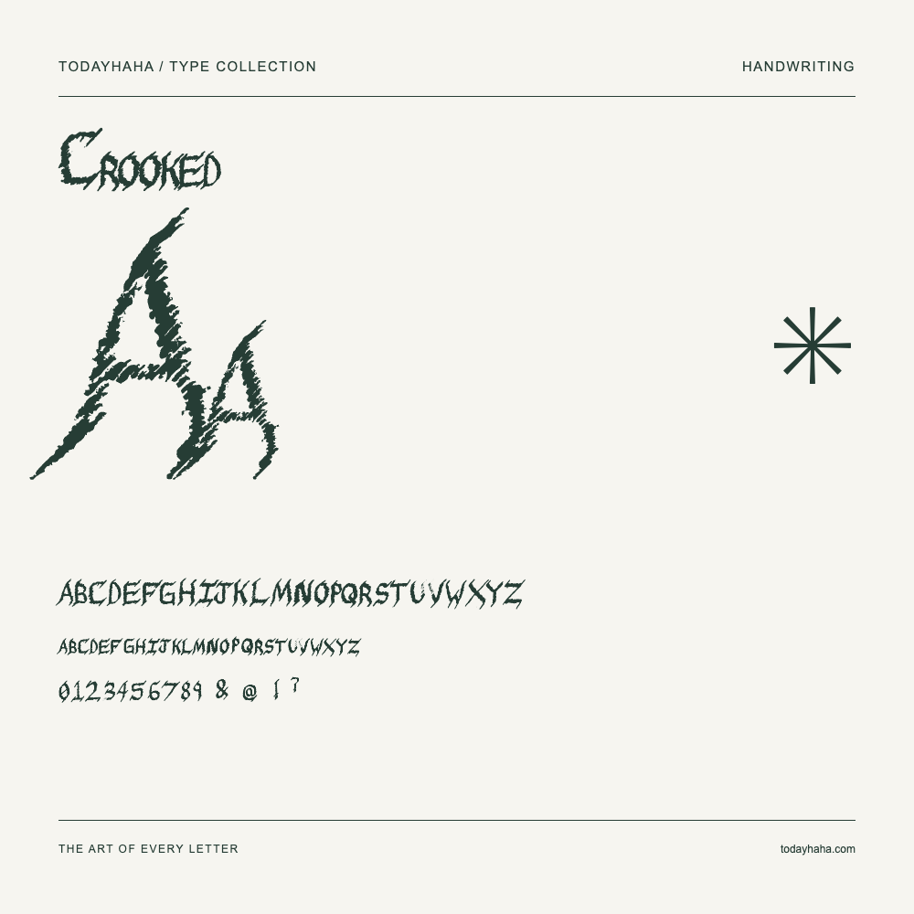 Crooked — Font specimen with uppercase and lowercase letters and numbers