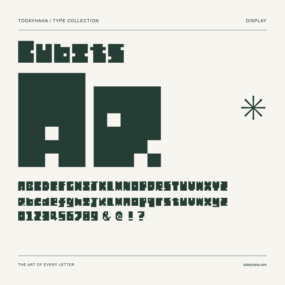 Cubits — Schriftmuster mit Großbuchstaben, Kleinbuchstaben und Ziffern