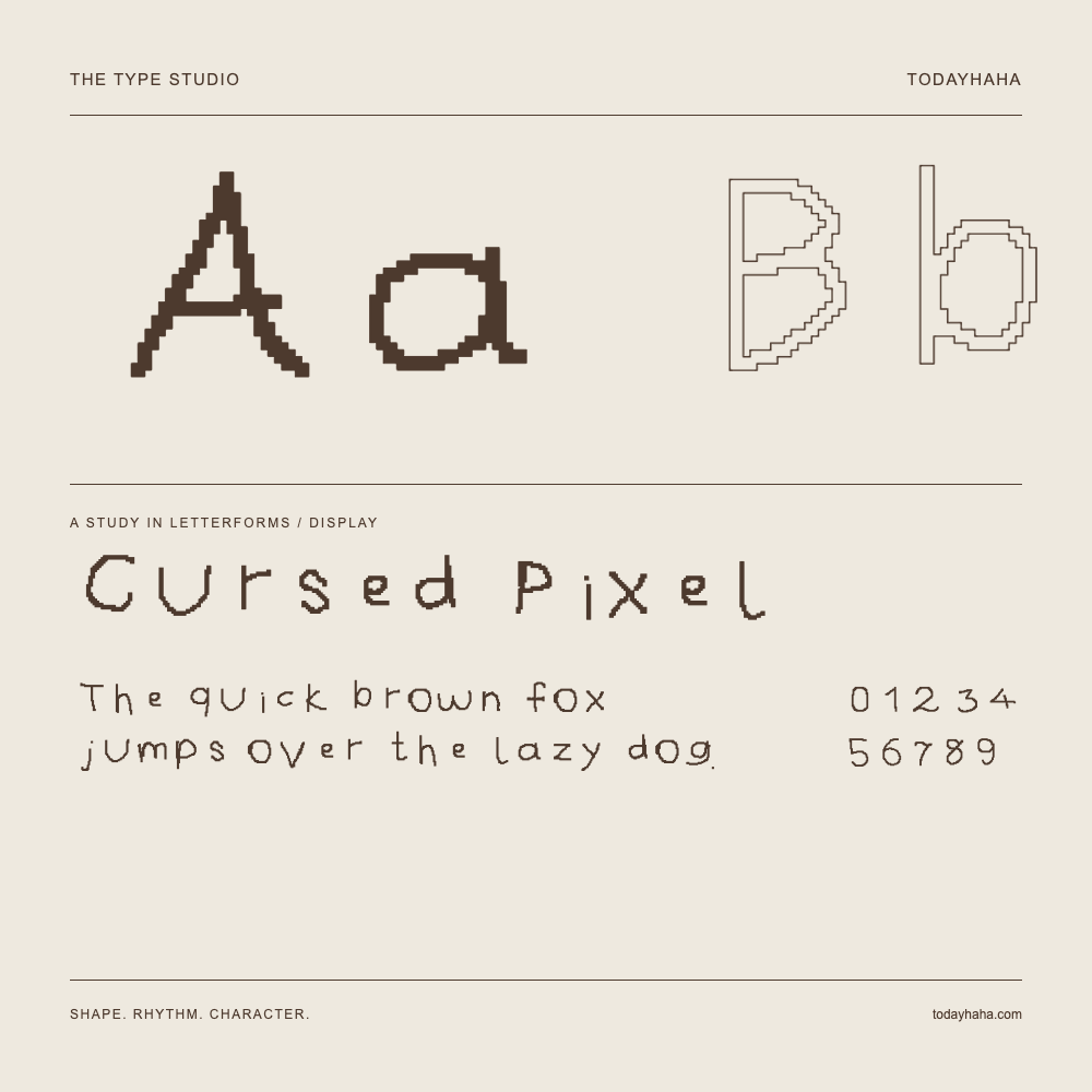 Cursed Pixel — Buchstabenstudie mit Beispielsatz und Ziffern