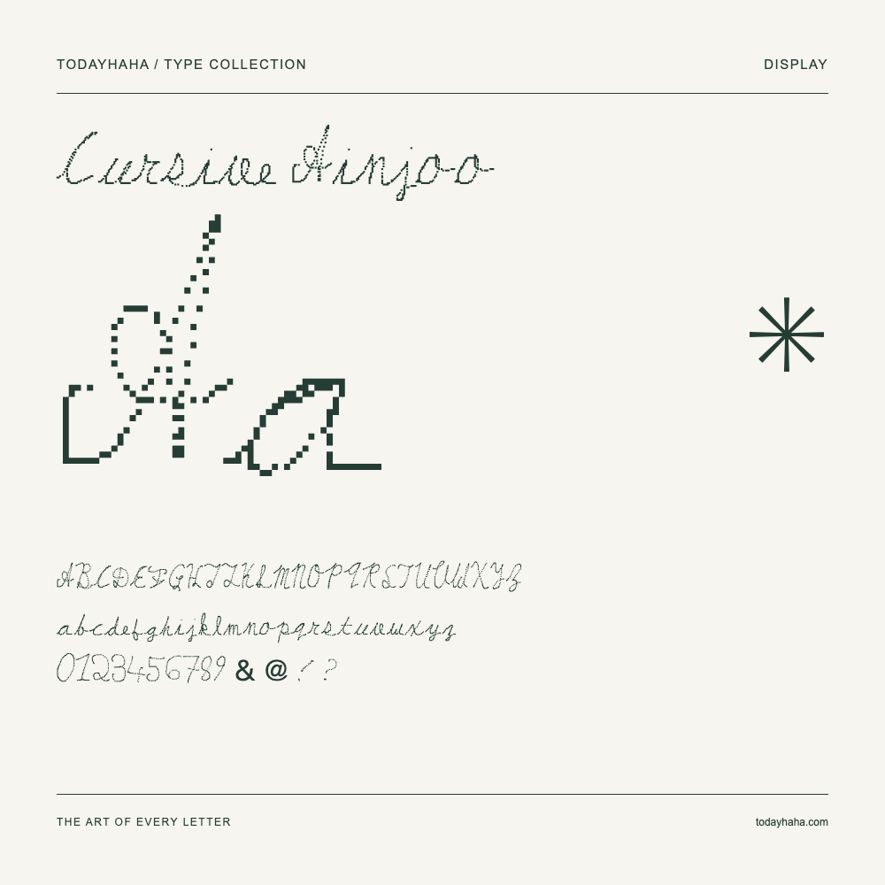 Cursive Ainjoo — Spécimen avec majuscules, minuscules et chiffres