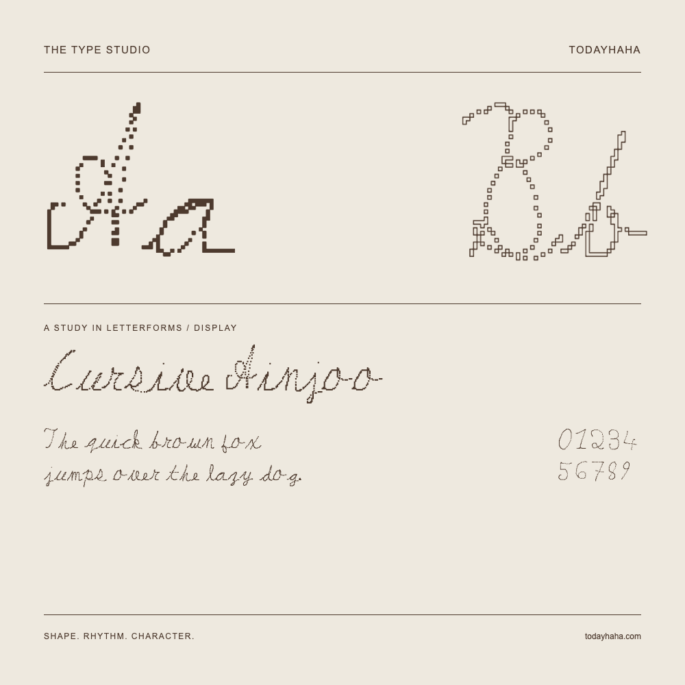 Cursive Ainjoo — Étude des lettres avec une phrase et des chiffres