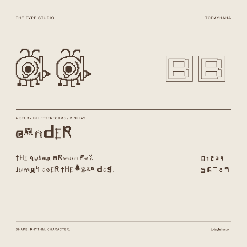 Cynder — Letterform study with sample sentence and numbers