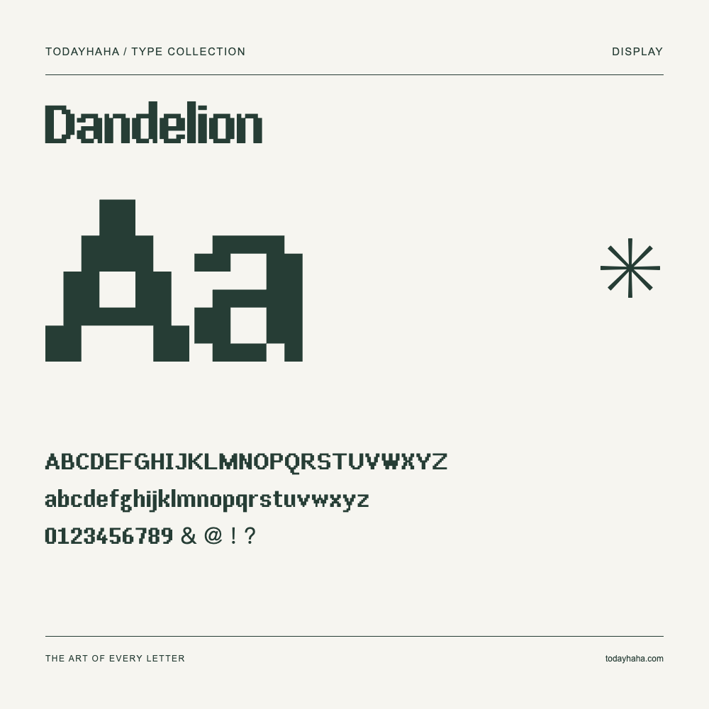Dandelion — Font specimen with uppercase and lowercase letters and numbers