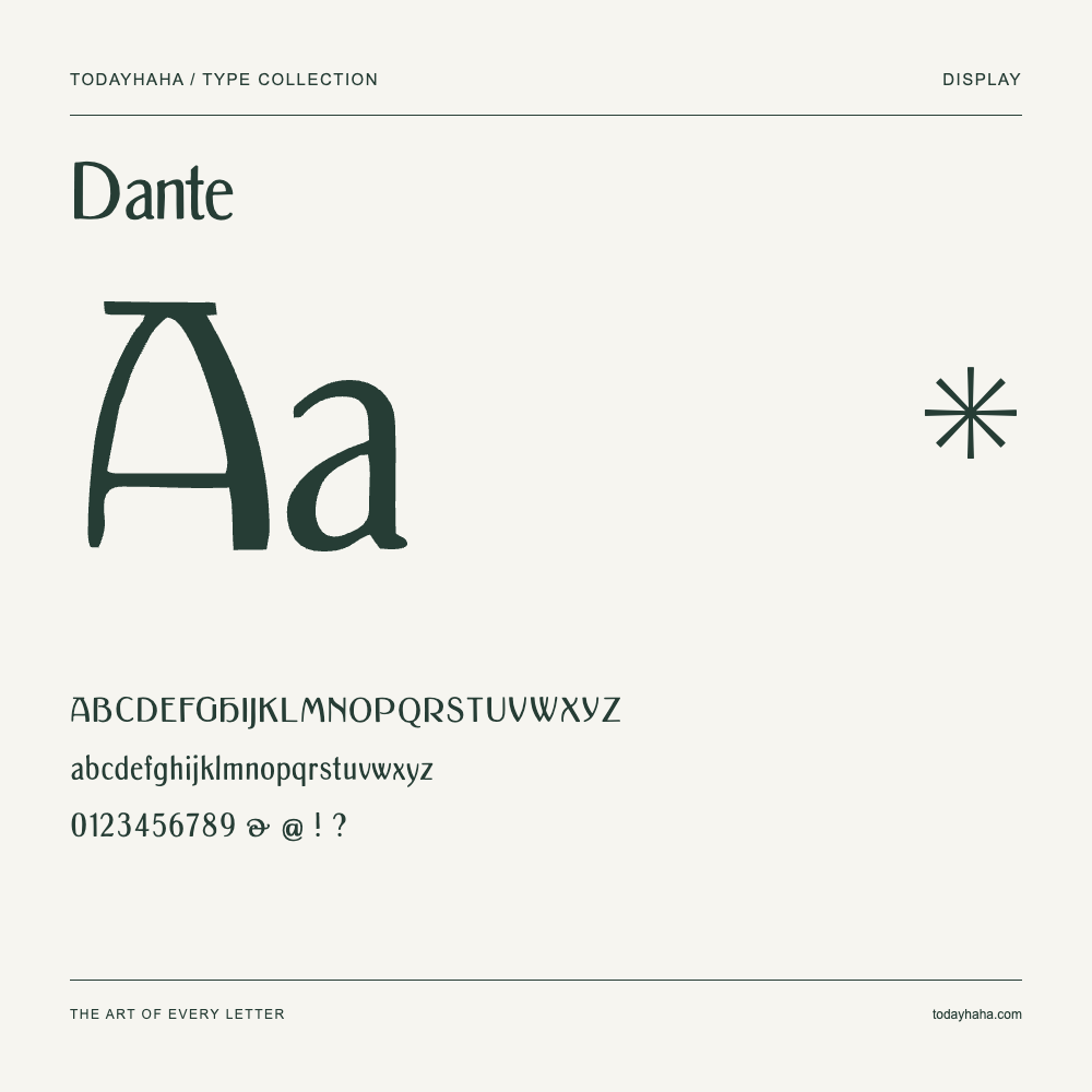 Dante — Font specimen with uppercase and lowercase letters and numbers