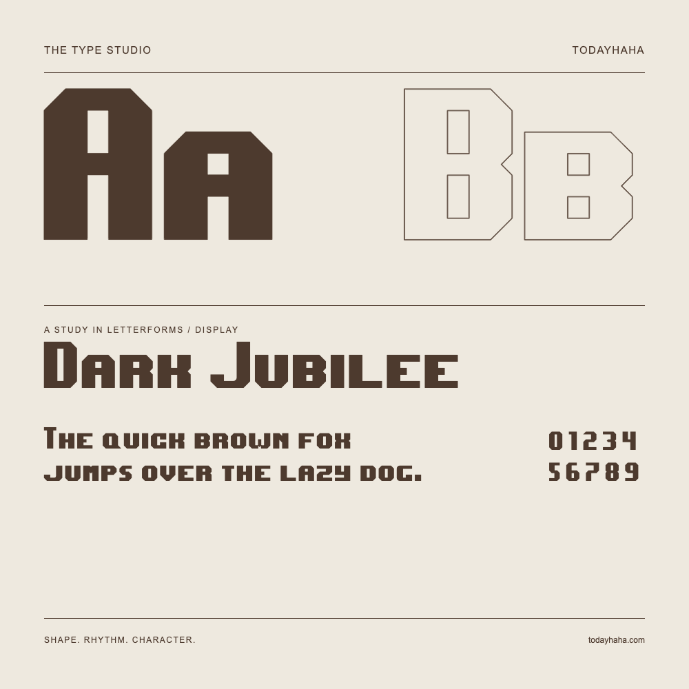 Dark Jubilee — Buchstabenstudie mit Beispielsatz und Ziffern