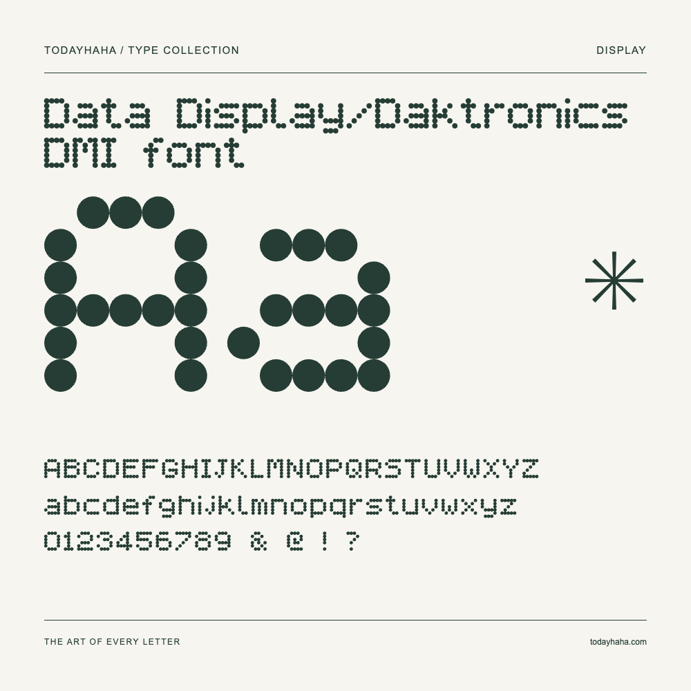 Data Display/Daktronics DMI font — Schriftmuster mit Großbuchstaben, Kleinbuchstaben und Ziffern