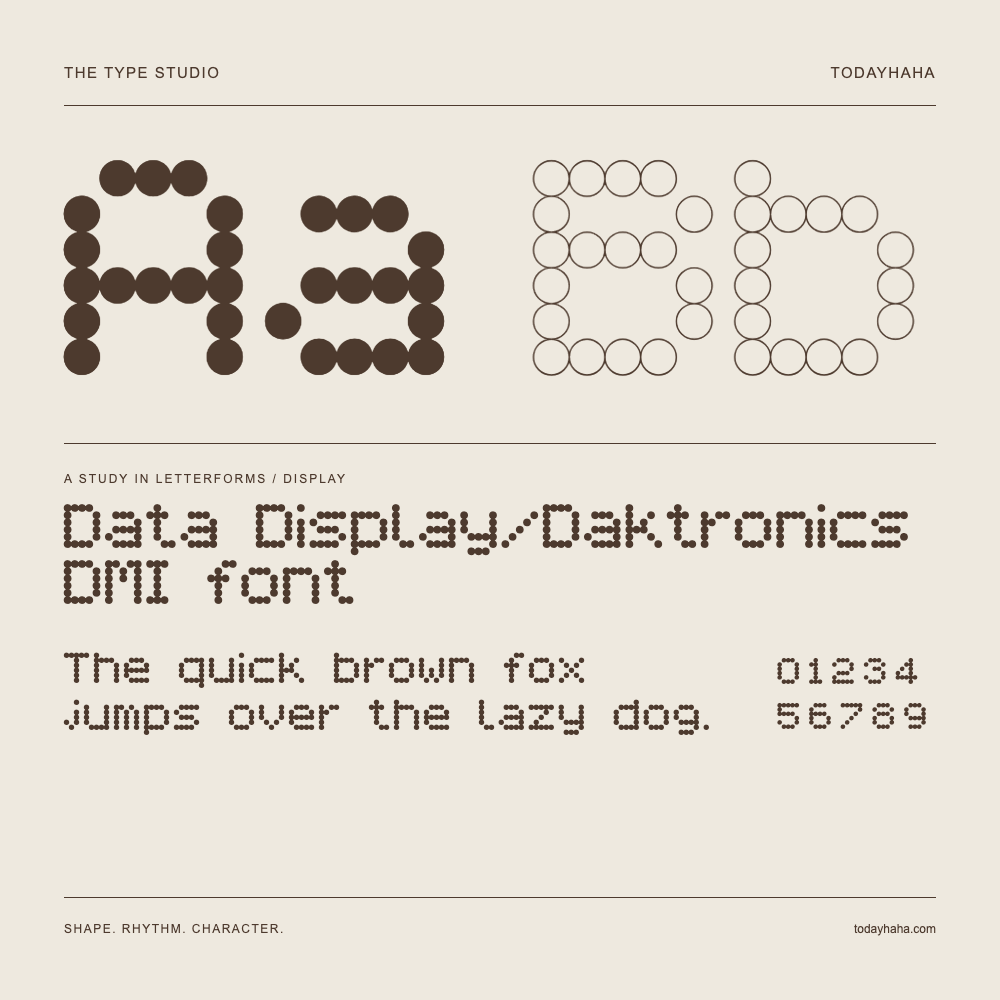 Data Display/Daktronics DMI font — Buchstabenstudie mit Beispielsatz und Ziffern