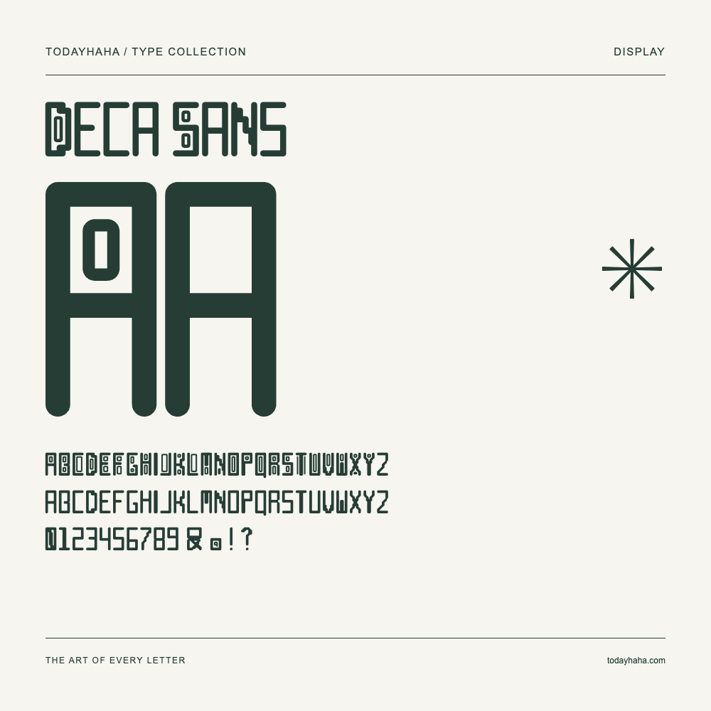 Deca Sans — Font specimen with uppercase and lowercase letters and numbers