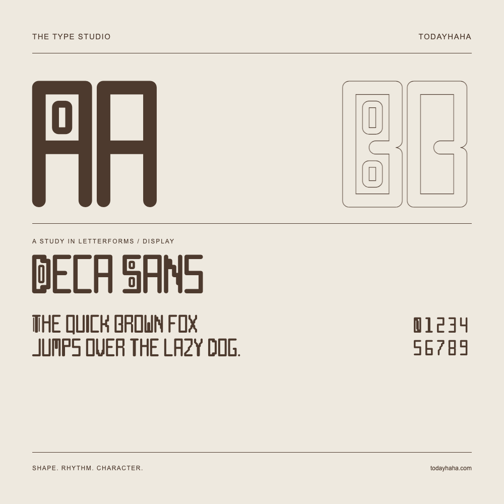 Deca Sans — Letterform study with sample sentence and numbers