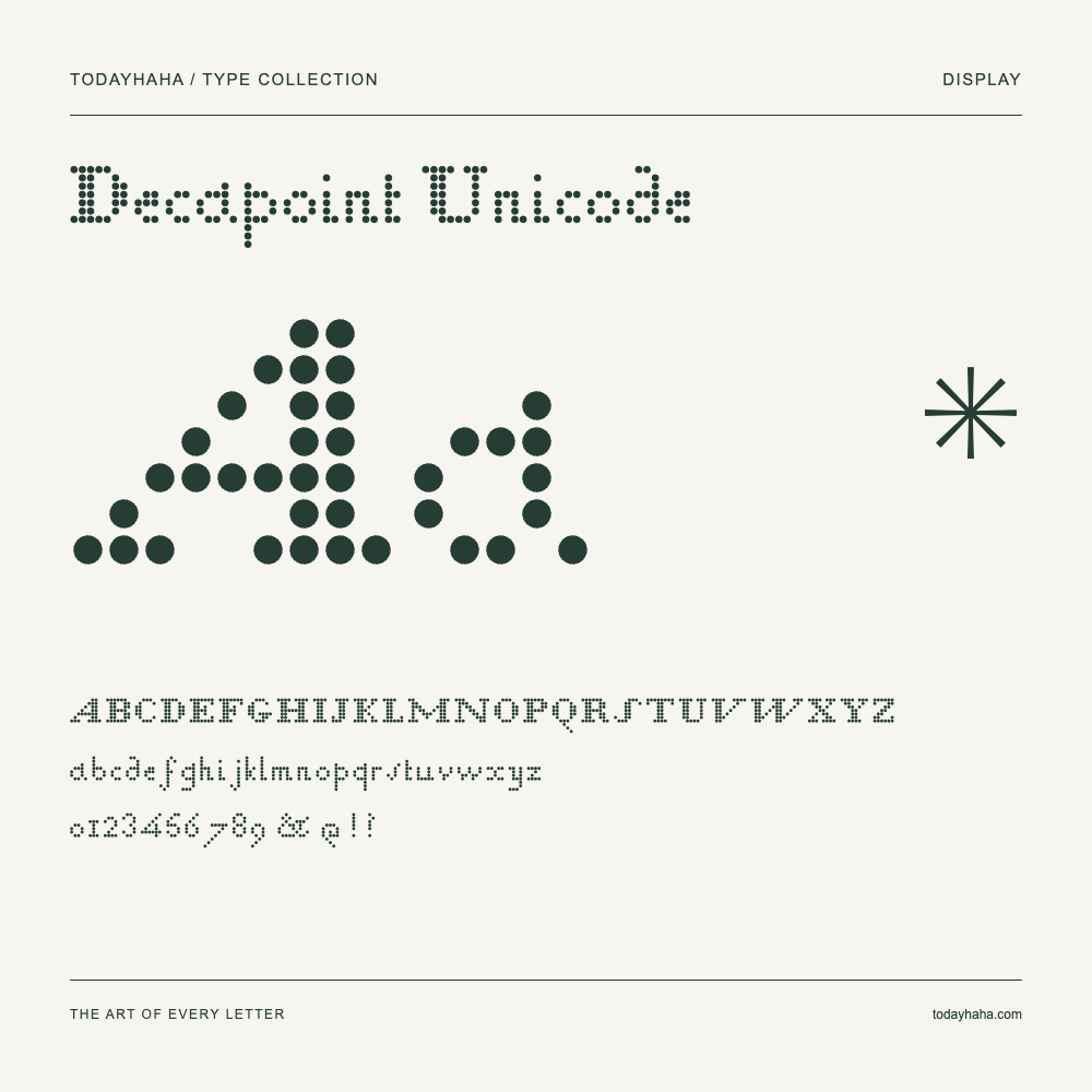 Decapoint Unicode — Schriftmuster mit Großbuchstaben, Kleinbuchstaben und Ziffern