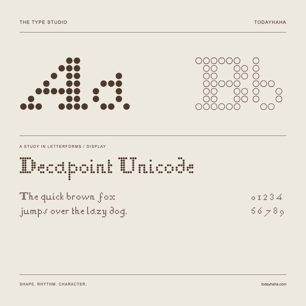 Decapoint Unicode — Buchstabenstudie mit Beispielsatz und Ziffern