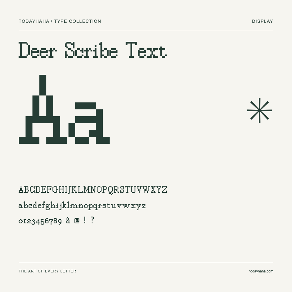 Deer Scribe Text — Schriftmuster mit Großbuchstaben, Kleinbuchstaben und Ziffern