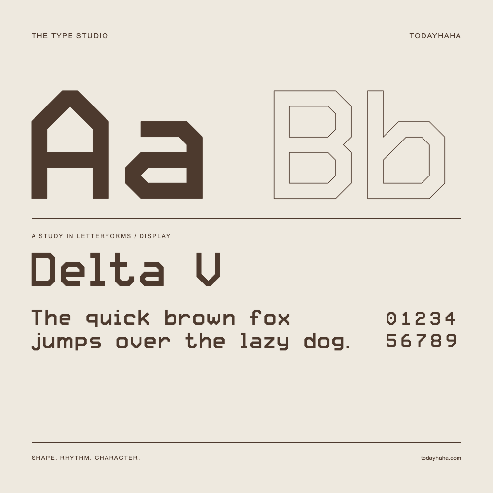 Delta V — Letterform study with sample sentence and numbers