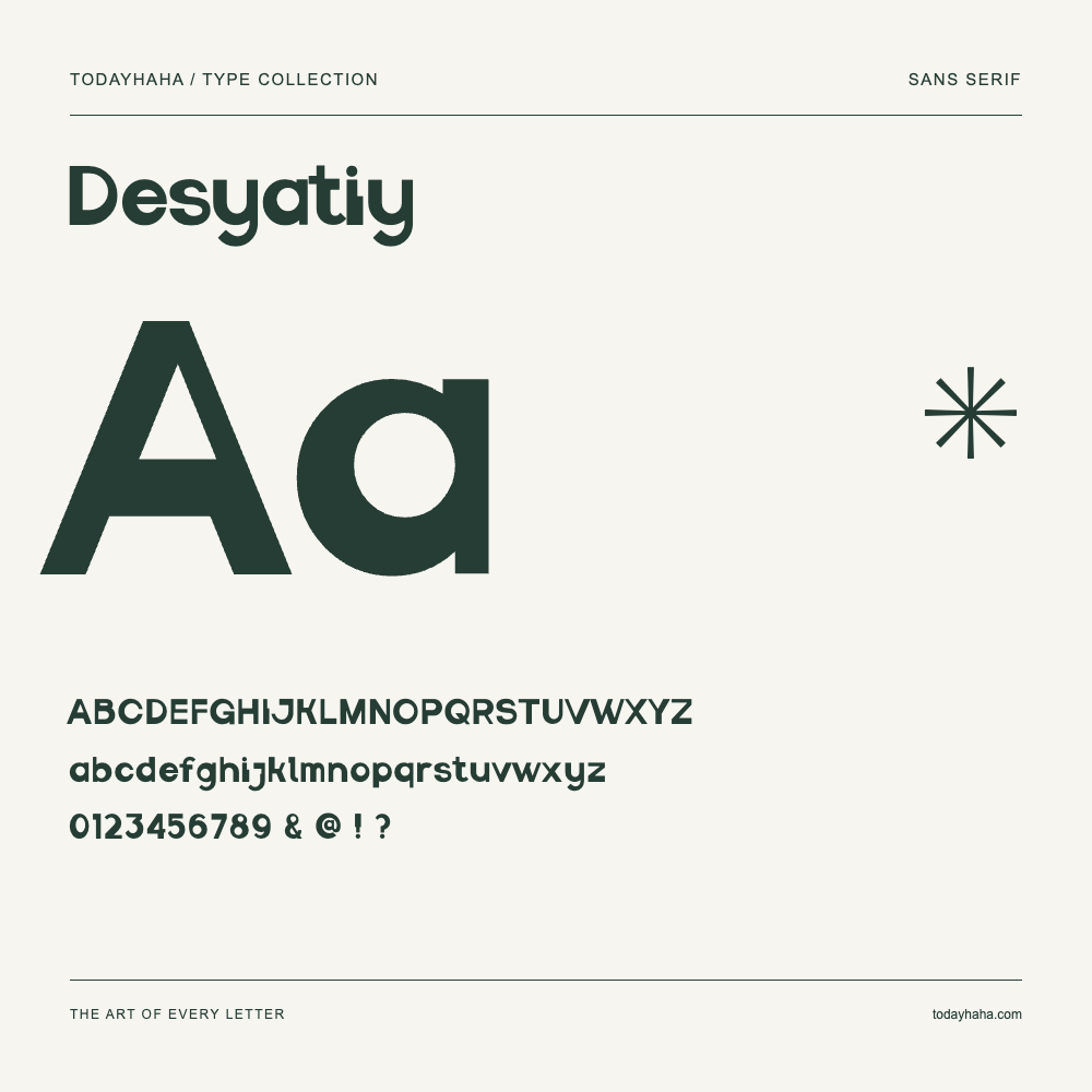 Desyatiy — Schriftmuster mit Großbuchstaben, Kleinbuchstaben und Ziffern