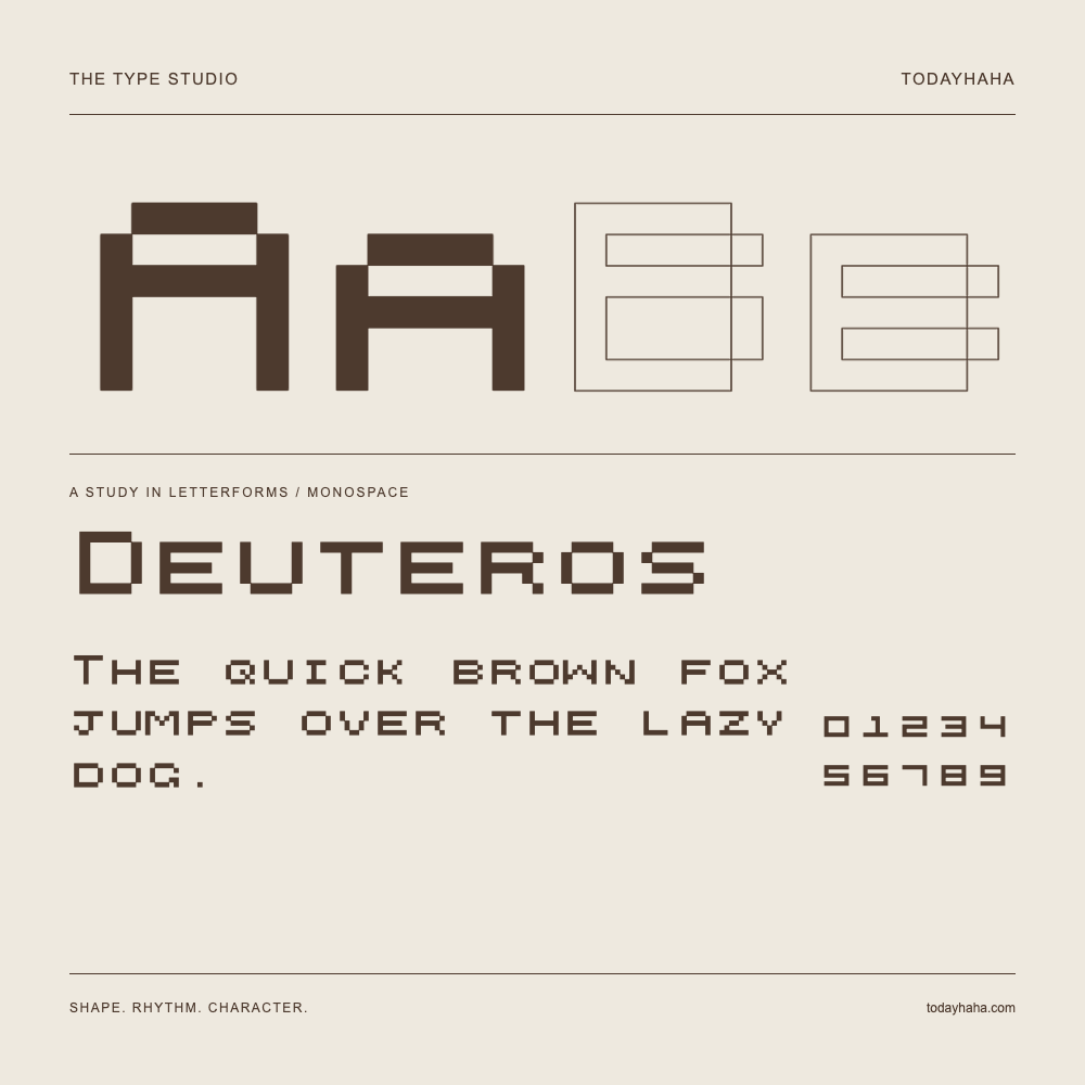 Deuteros — Letterform study with sample sentence and numbers