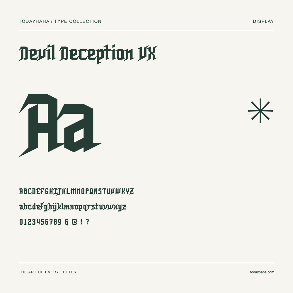 Devil Deception VX — Font specimen with uppercase and lowercase letters and numbers