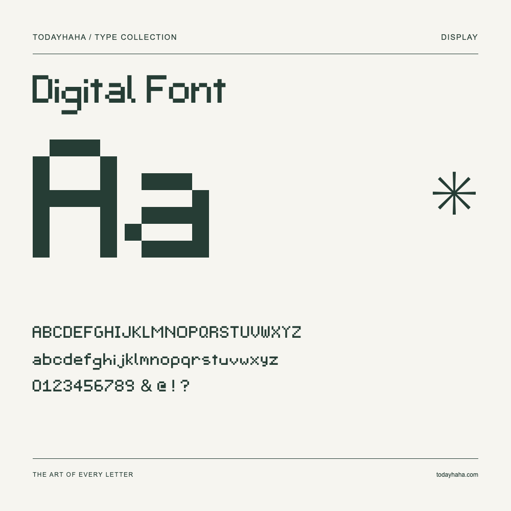 Digital Font — Spécimen avec majuscules, minuscules et chiffres