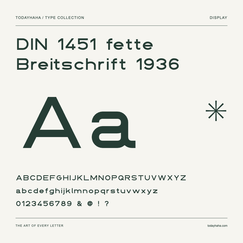 DIN 1451 fette Breitschrift 1936 — Schriftmuster mit Großbuchstaben, Kleinbuchstaben und Ziffern