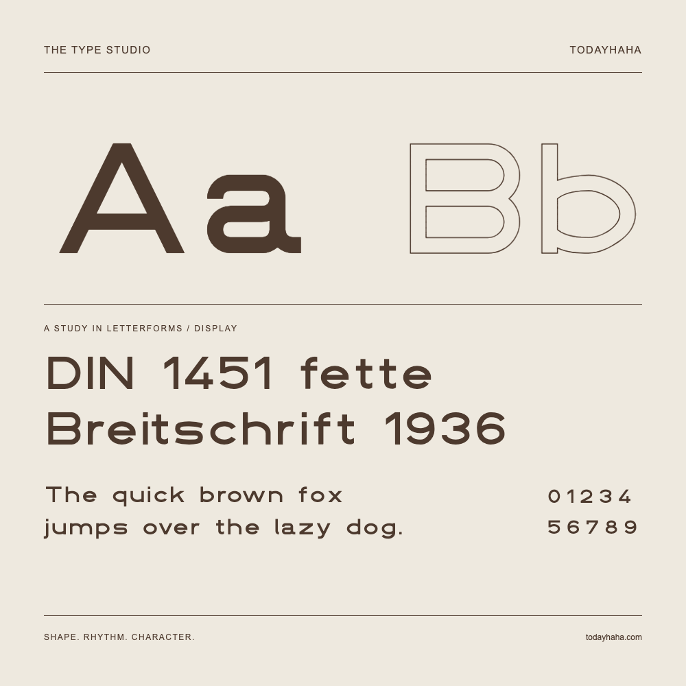 DIN 1451 fette Breitschrift 1936 — Buchstabenstudie mit Beispielsatz und Ziffern