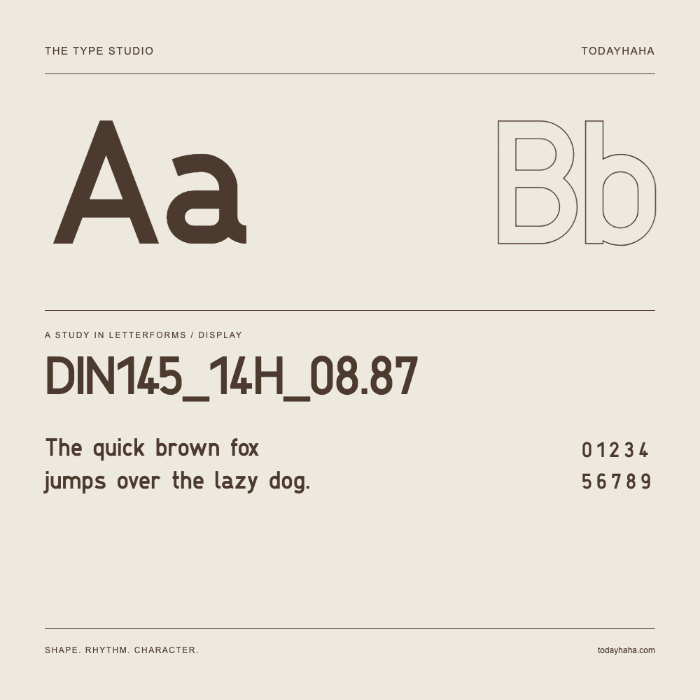DIN145_14H_08.87 — Letterform study with sample sentence and numbers