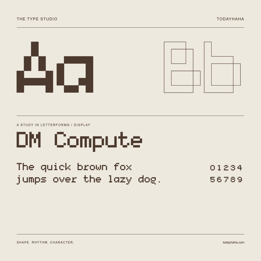 DM Compute — Buchstabenstudie mit Beispielsatz und Ziffern