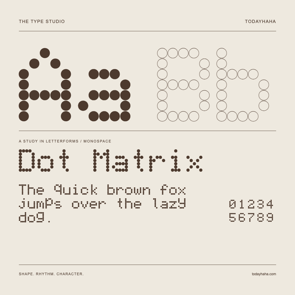 Dot Matrix — Buchstabenstudie mit Beispielsatz und Ziffern