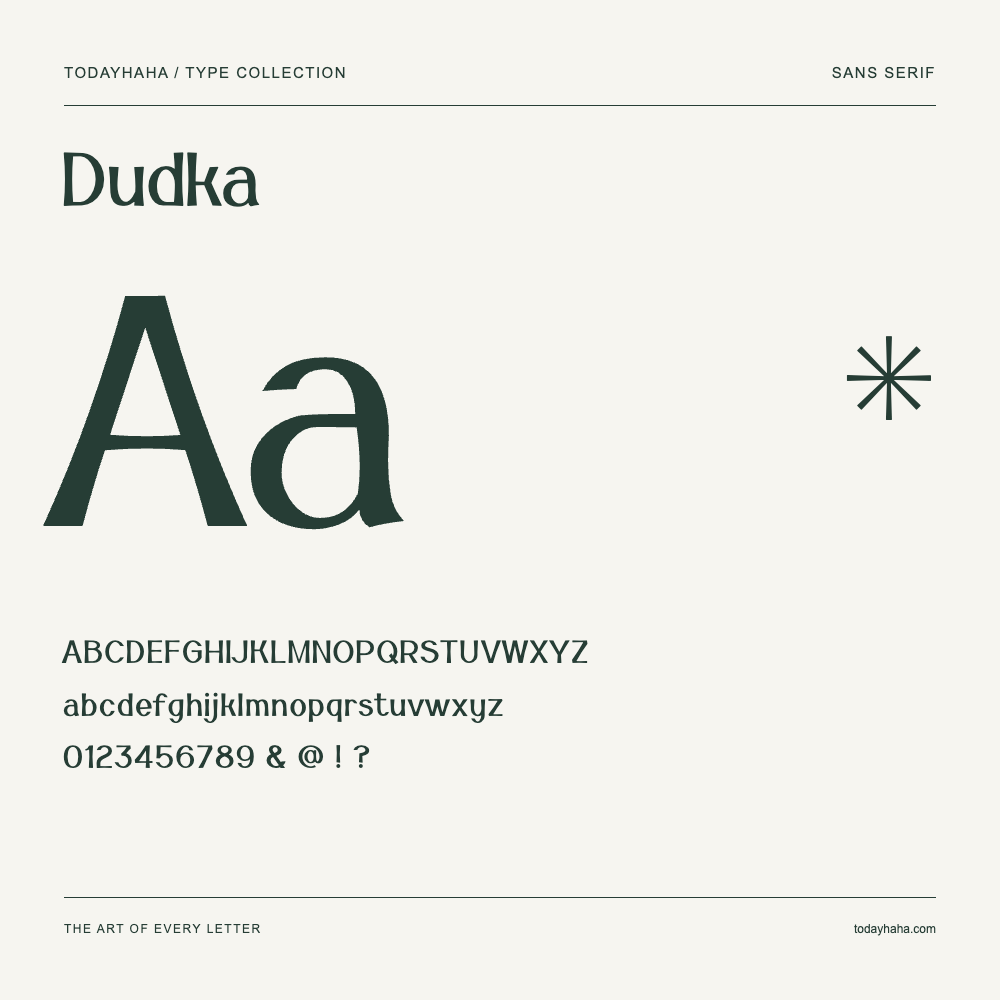 Dudka — Spécimen avec majuscules, minuscules et chiffres