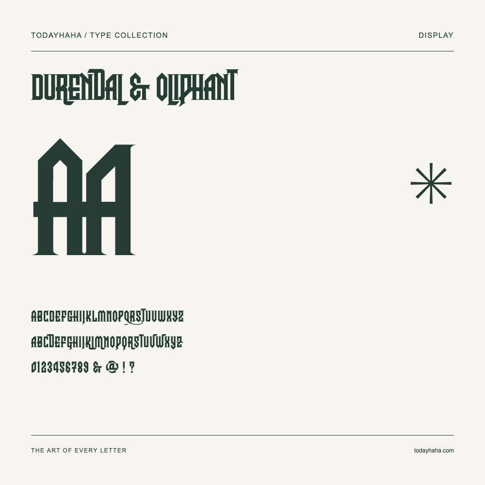 Durendal & Oliphant — Schriftmuster mit Großbuchstaben, Kleinbuchstaben und Ziffern