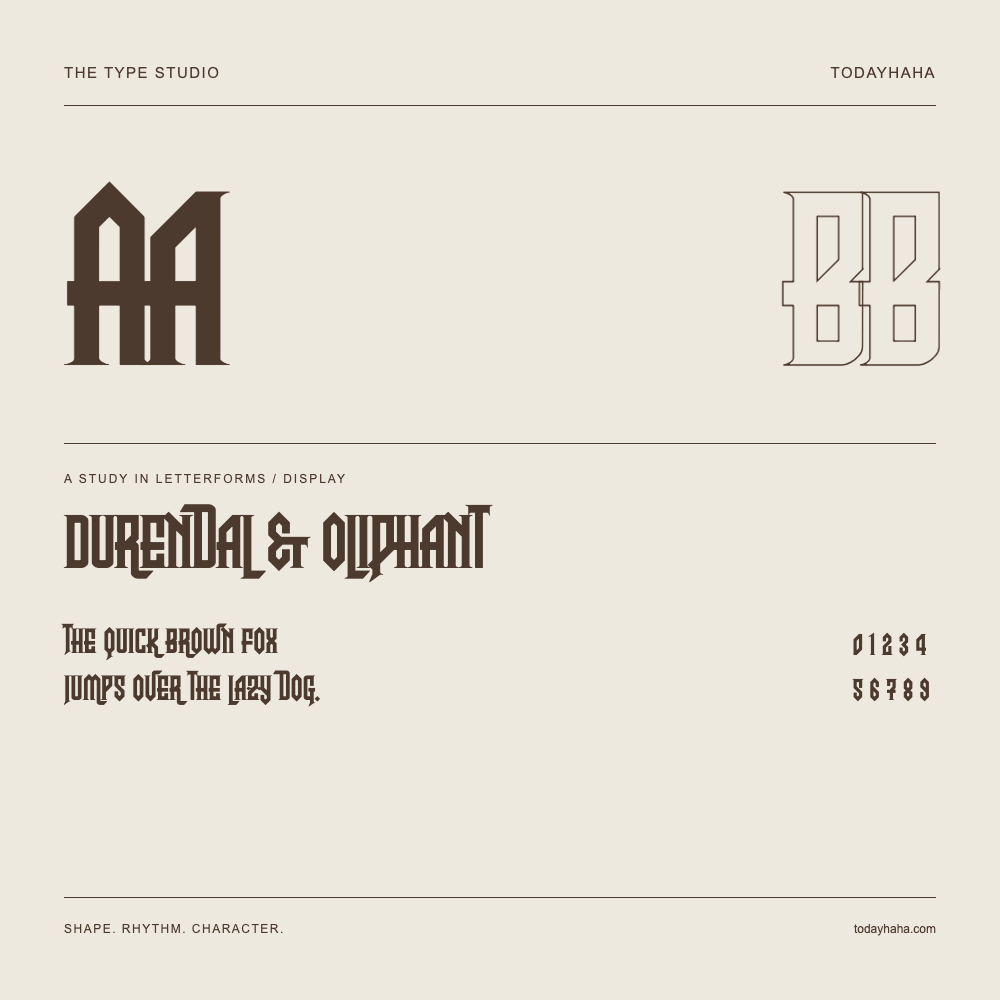 Durendal & Oliphant — Buchstabenstudie mit Beispielsatz und Ziffern