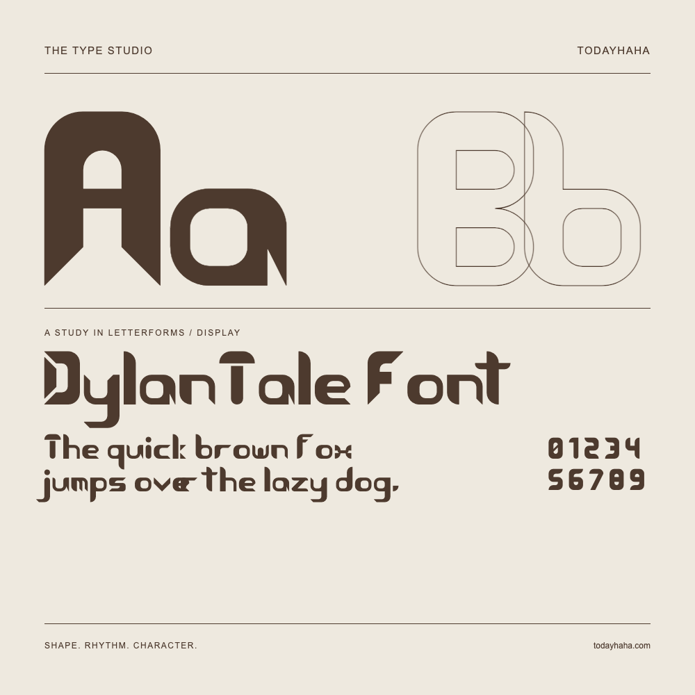 DylanTale Font — Letterform study with sample sentence and numbers