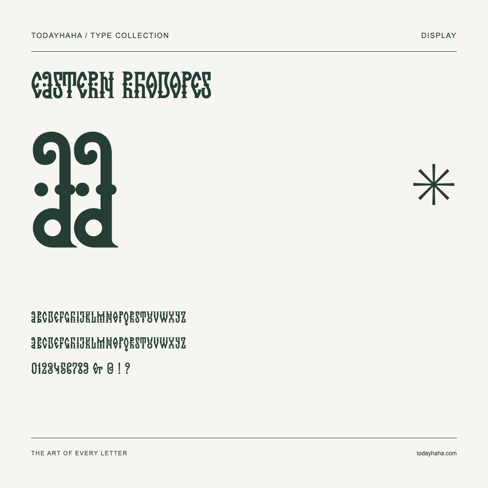 Eastern Rhodopes — Font specimen with uppercase and lowercase letters and numbers