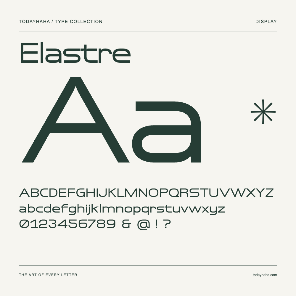Elastre — Font specimen with uppercase and lowercase letters and numbers