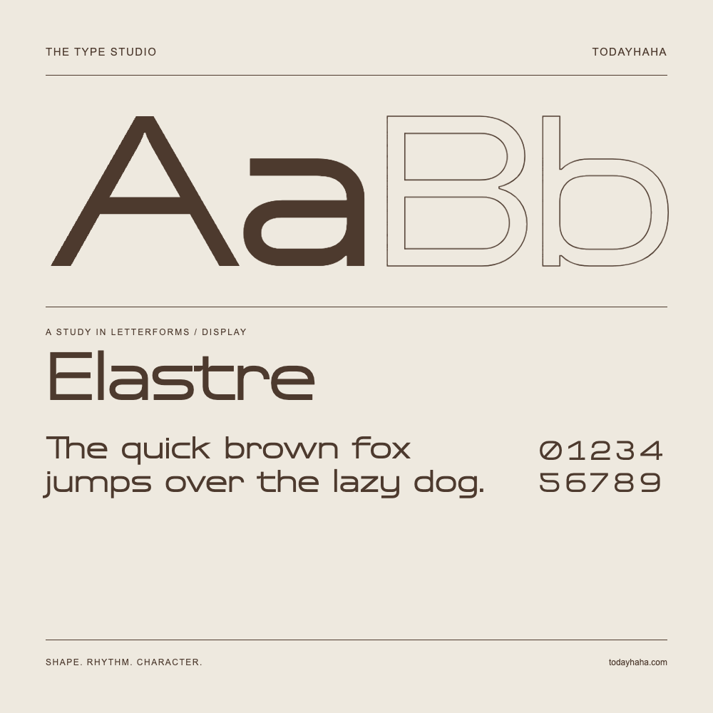 Elastre — Letterform study with sample sentence and numbers