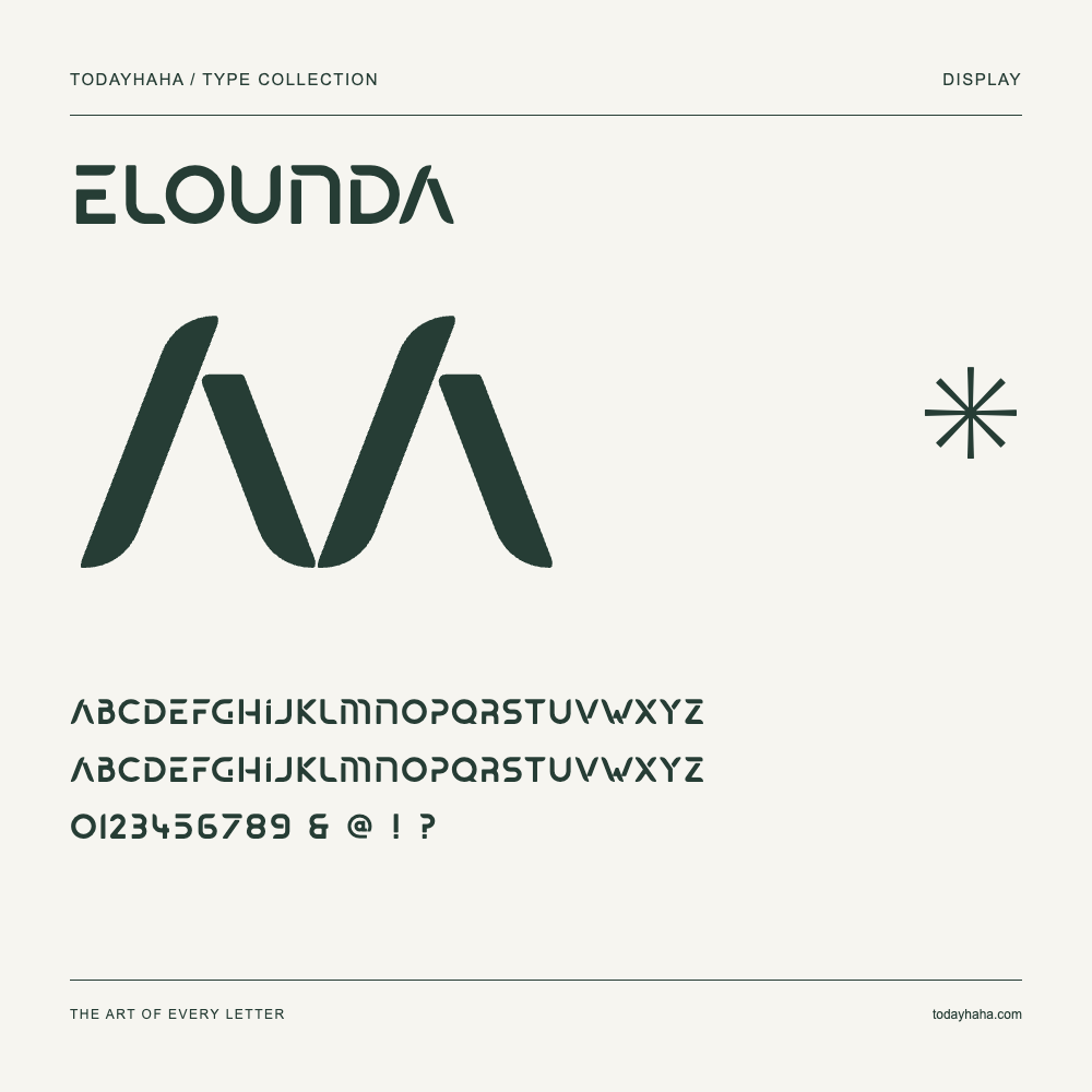 Elounda — Amostra com letras maiúsculas, minúsculas e números