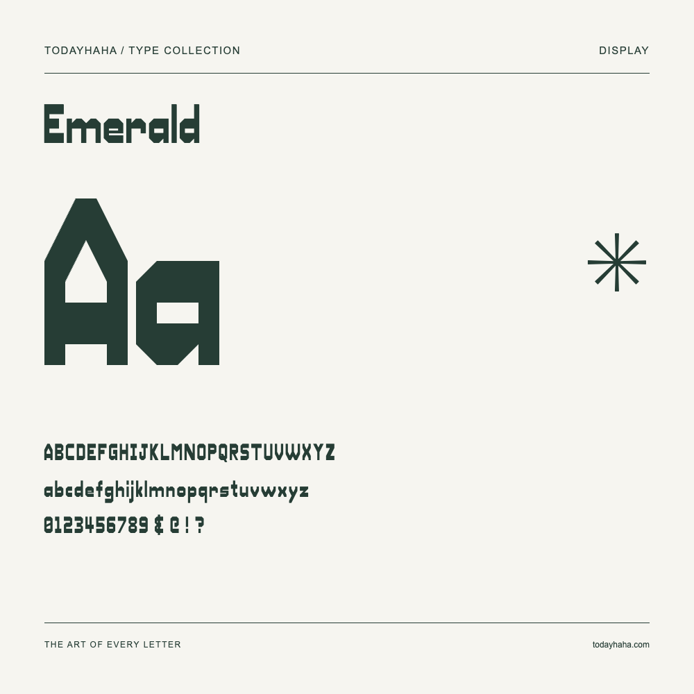 Emerald — Schriftmuster mit Großbuchstaben, Kleinbuchstaben und Ziffern